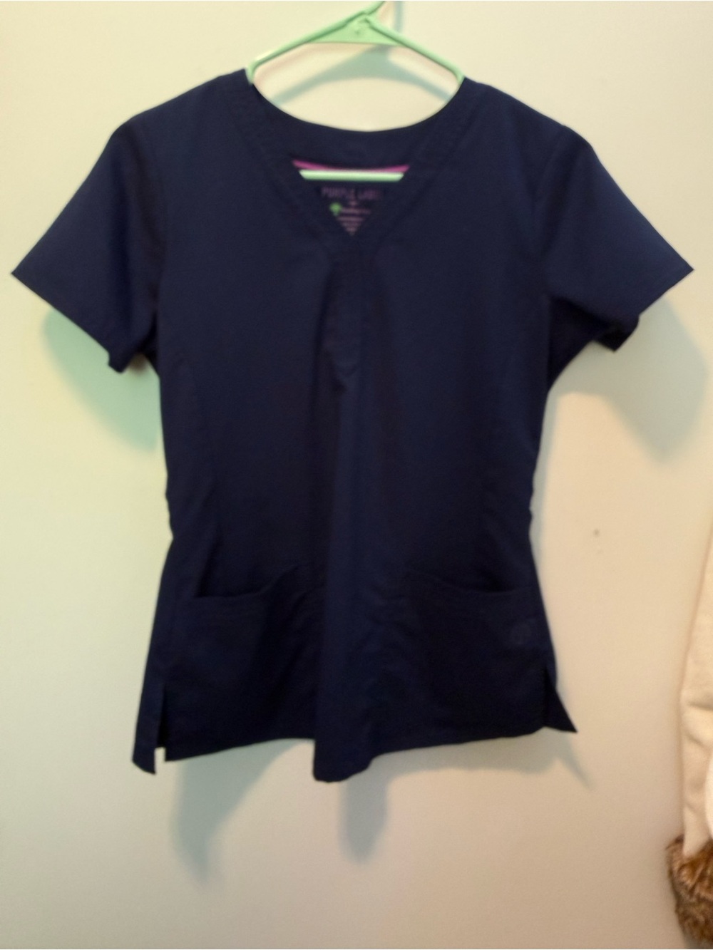 Navy Women's V-Neck Scrub Top with Pockets Purple Lable